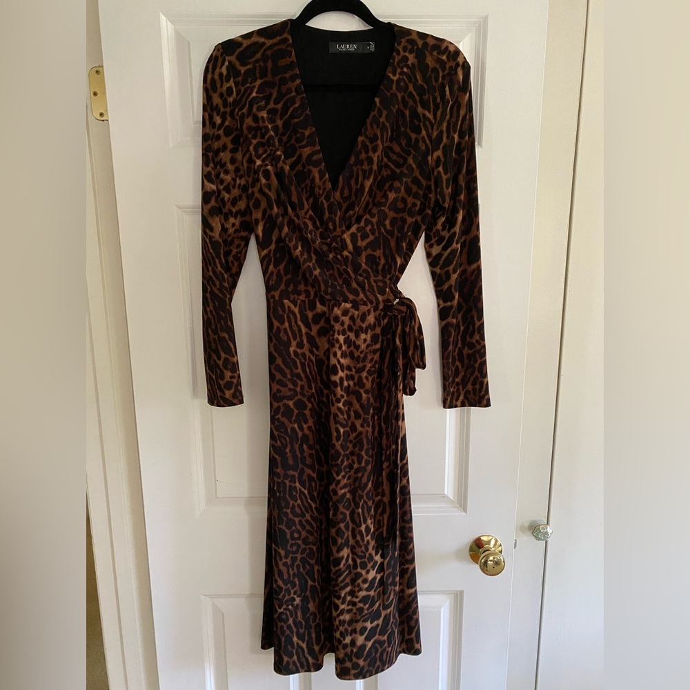 Lauren Ralph Lauren Women's Ocelot Print Stretch Wrap A-Line Long Sleeved
